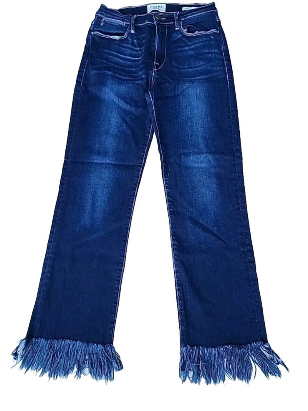 FRAME Le High Straight Stretch Blue Denim Cropped Fringed Womens Sz 27 Jeans -EC